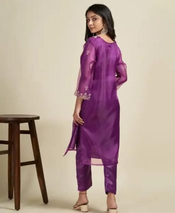 Wine Organza Embroidery Kurta Set with Palazzo and Dupatta - Image 3