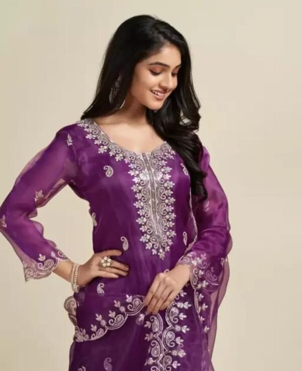 Wine Organza Embroidery Kurta Set with Palazzo and Dupatta - Image 4