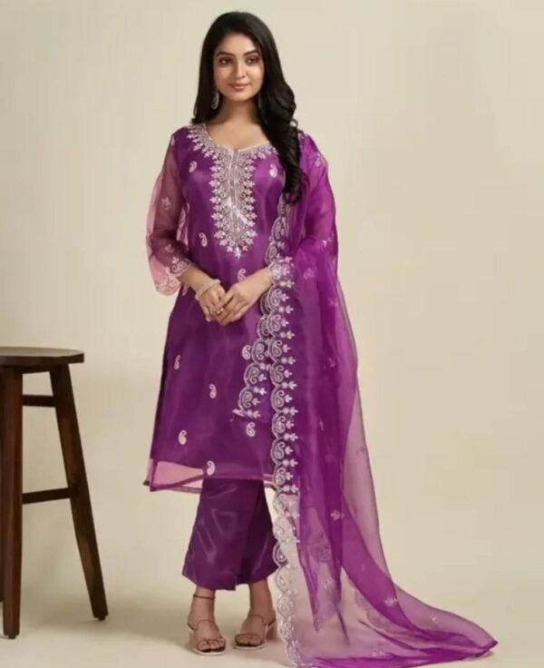 Wine Organza Embroidery Kurta Set with Palazzo and Dupatta - Image 2