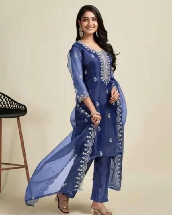 Dark Blue Organza Embroidery Kurta Set with Palazzo and Dupatta