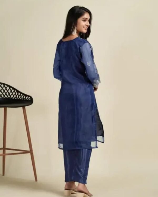 Dark Blue Organza Embroidery Kurta Set with Palazzo and Dupatta - Image 3