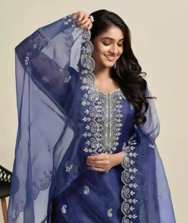 Dark Blue Organza Embroidery Kurta Set with Palazzo and Dupatta - Image 2