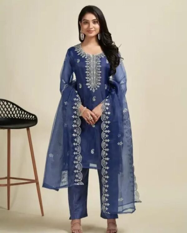 Dark Blue Organza Embroidery Kurta Set with Palazzo and Dupatta - Image 4