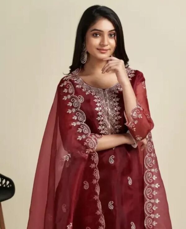 Red Organza Embroidery Kurta Set with Palazzo and Dupatta - Image 3