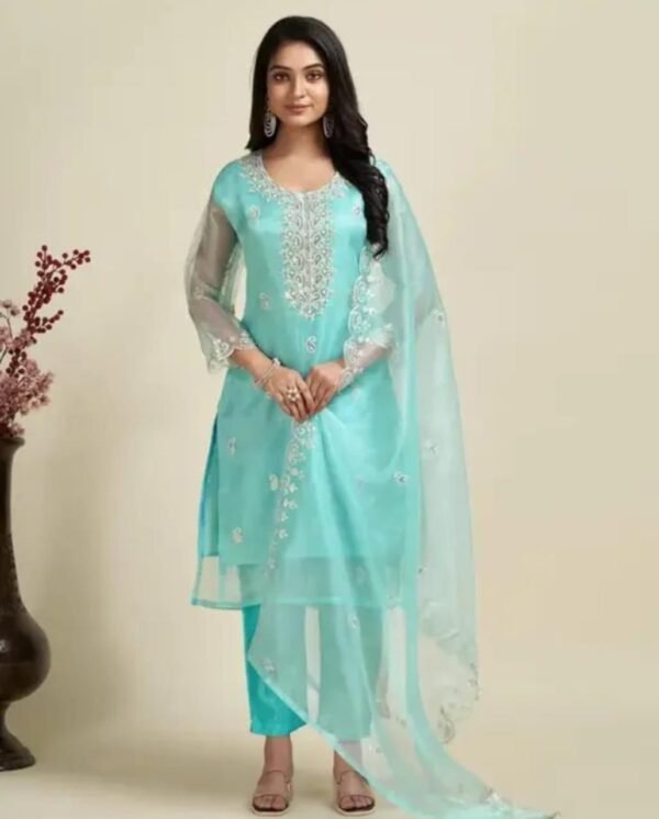 Light Blue Organza Embroidery Kurta Set with Palazzo and Dupatta