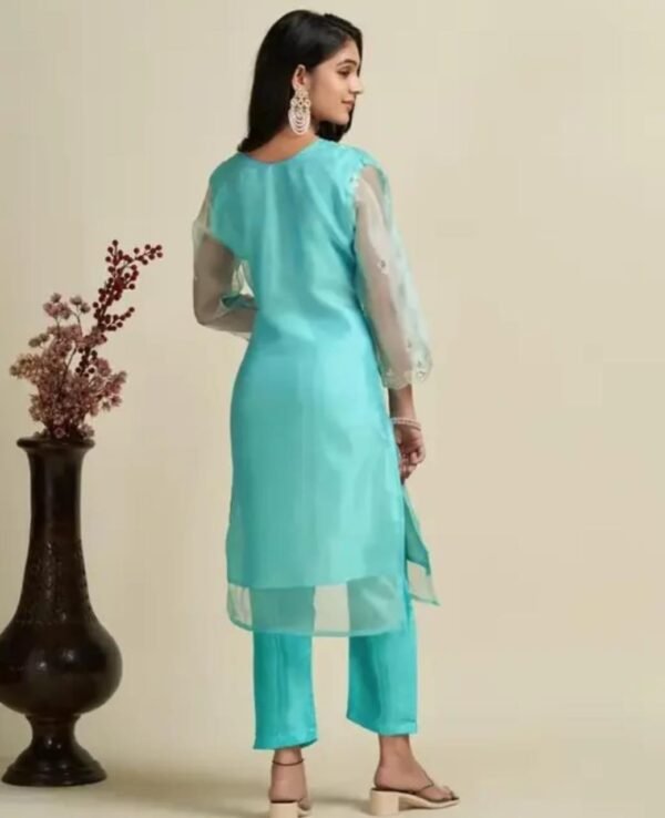 Light Blue Organza Embroidery Kurta Set with Palazzo and Dupatta - Image 3