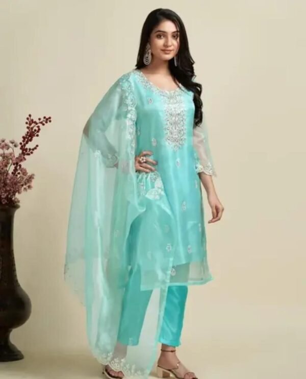 Light Blue Organza Embroidery Kurta Set with Palazzo and Dupatta - Image 2