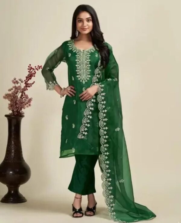 Green Organza Embroidery Kurta Set with Palazzo and Dupatta