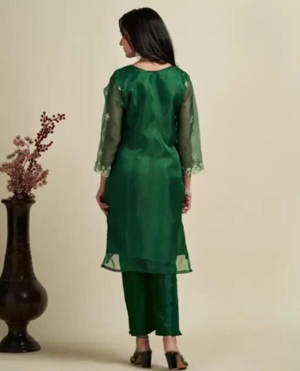 Green Organza Embroidery Kurta Set with Palazzo and Dupatta - Image 3