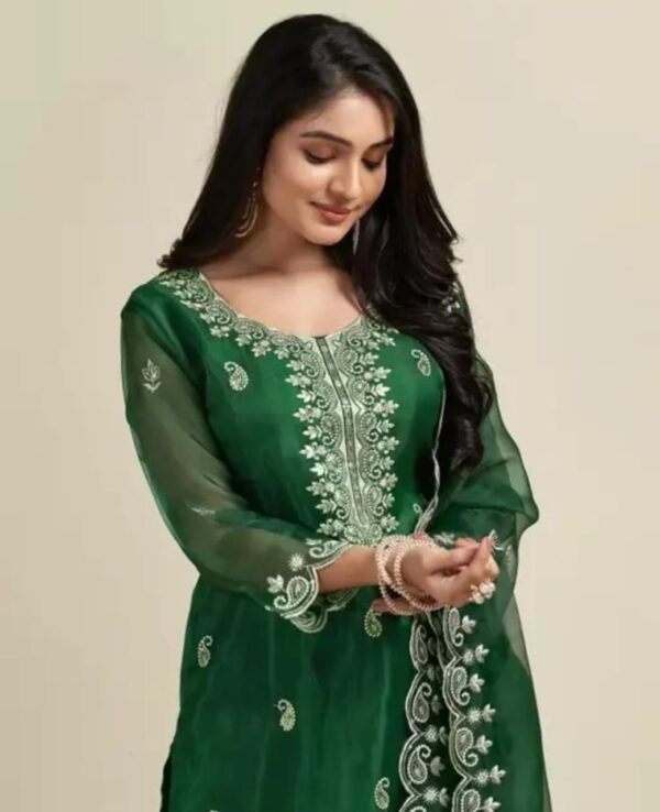 Green Organza Embroidery Kurta Set with Palazzo and Dupatta - Image 2