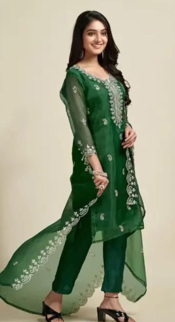 Green Organza Embroidery Kurta Set with Palazzo and Dupatta - Image 4