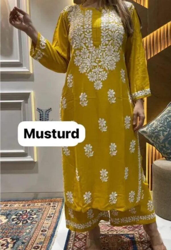 Mustard Yellow Chikankari Work Kurta and Palazzo Set