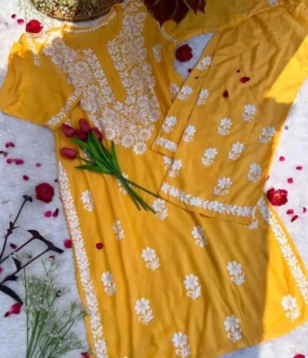 Mustard Yellow Chikankari Work Kurta and Palazzo Set - Image 2