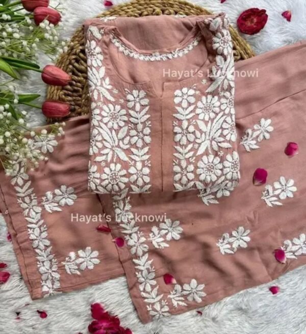 Nude Pink Chikankari Work Kurta and Palazzo Set - Image 2