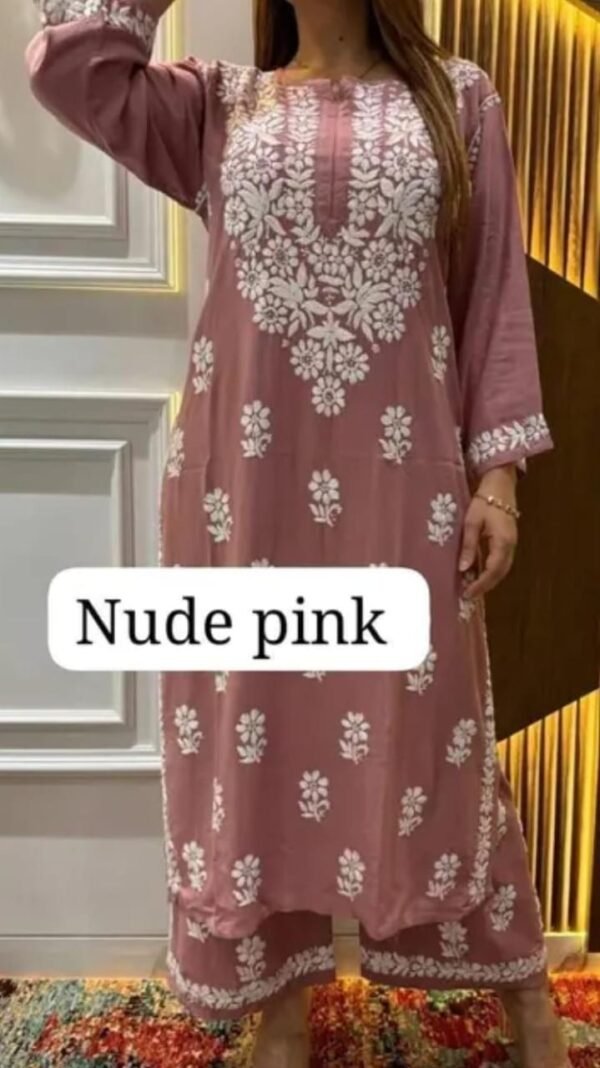 Nude Pink Chikankari Work Kurta and Palazzo Set