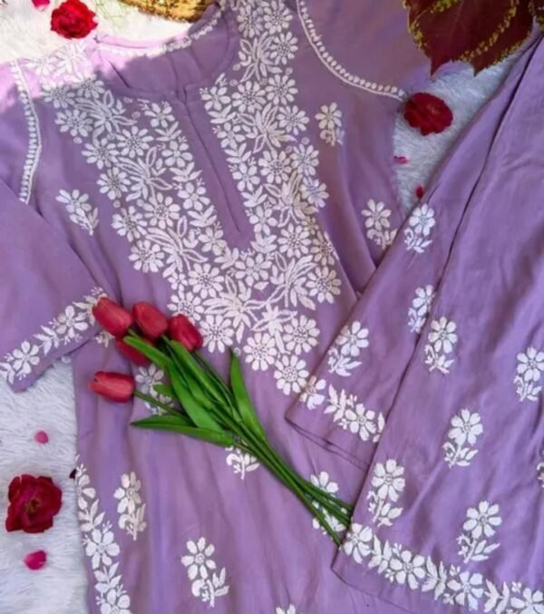 Lavender Chikankari Work Kurta and Palazzo Set - Image 3