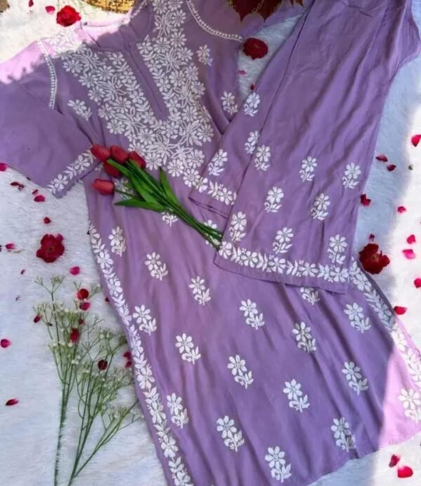 Lavender Chikankari Work Kurta and Palazzo Set - Image 2
