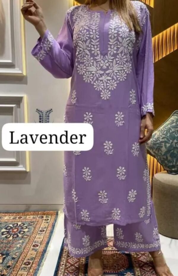 Lavender Chikankari Work Kurta and Palazzo Set