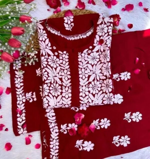 Red Chikankari Work Kurta and Palazzo Set - Image 2