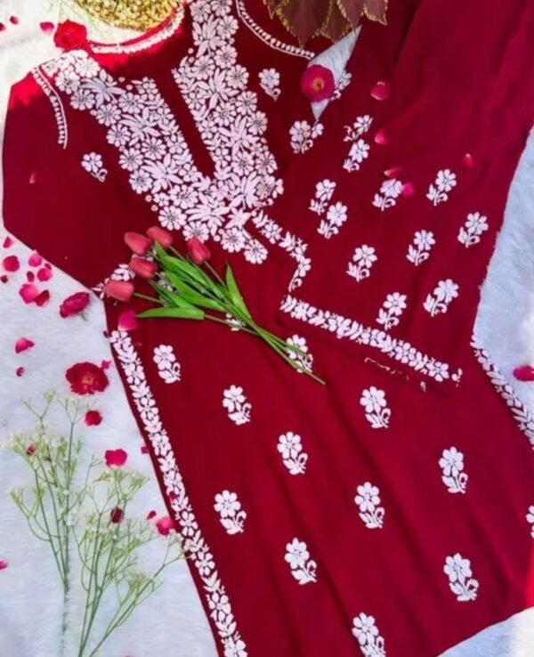 Red Chikankari Work Kurta and Palazzo Set - Image 3