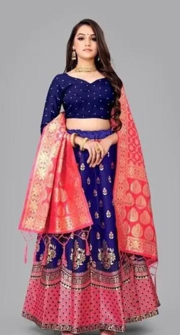 Semi-Stitched Silk Lehenga Set DARK BLUE AND PINK