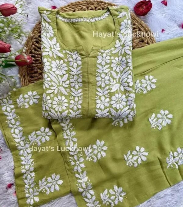 Green Chikankari Work Kurta and Palazzo Set - Image 2