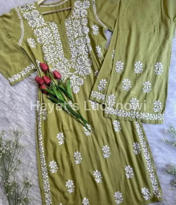 Green Chikankari Work Kurta and Palazzo Set - Image 3