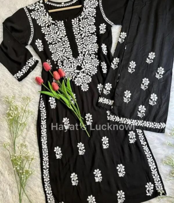 Black Chikankari Work Kurta and Palazzo Set - Image 3