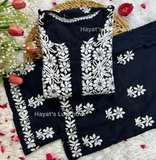 Black Chikankari Work Kurta and Palazzo Set - Image 2