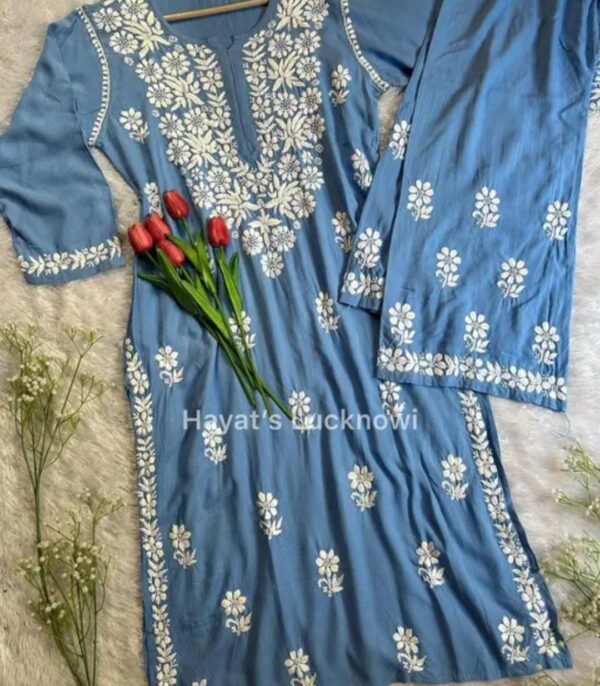 Blue Chikankari Work Kurta and Palazzo Set - Image 3