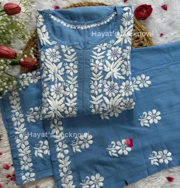Blue Chikankari Work Kurta and Palazzo Set - Image 2