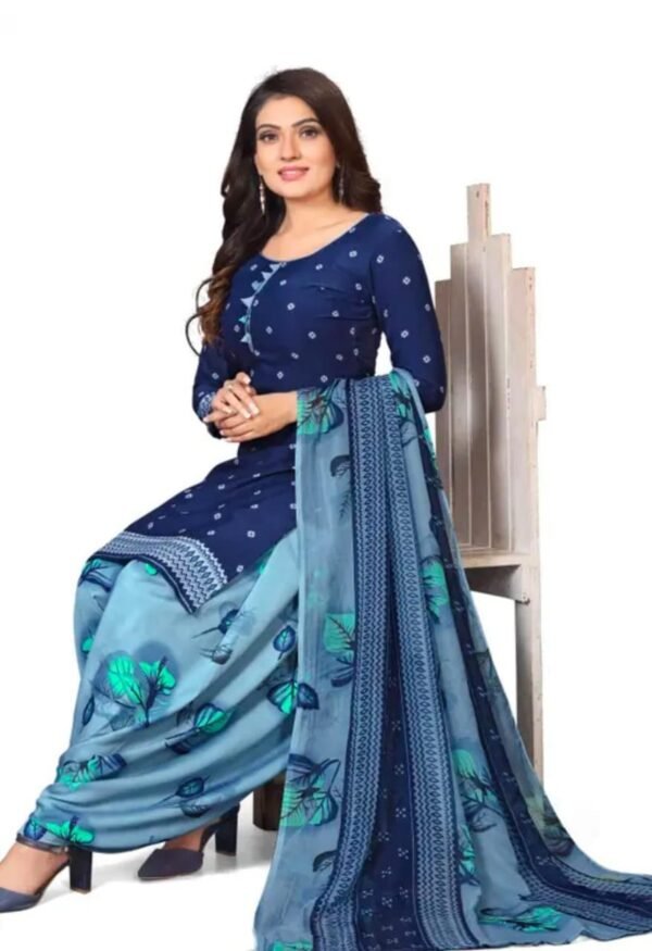Navy Blue and Grey Printed Crepe Dress Material