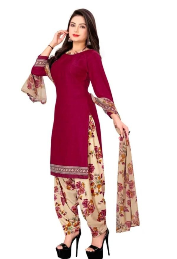 Maroon and Beige Printed Crepe Dress Material - Image 4