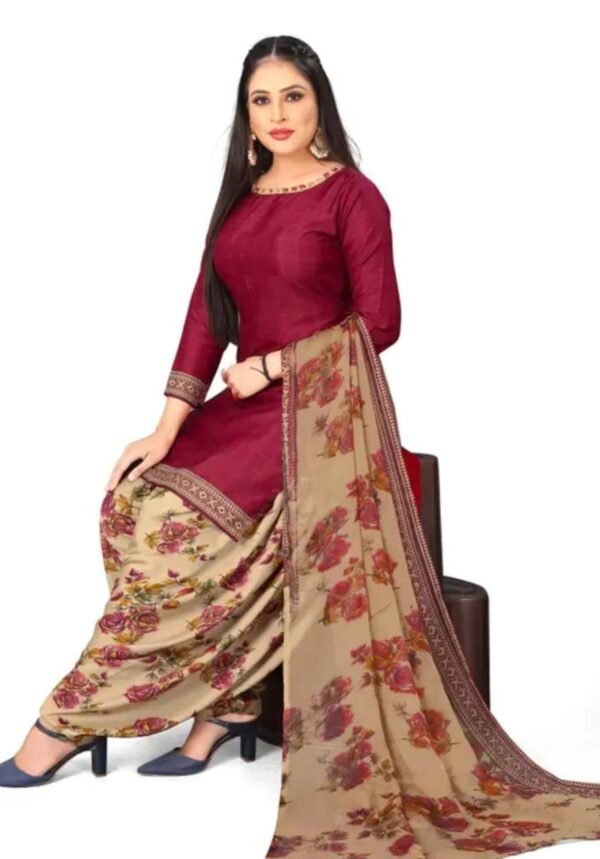 Maroon and Beige Printed Crepe Dress Material - Image 2