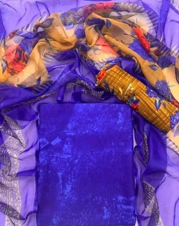 Blue and Beige Printed Crepe Dress Material - Image 4