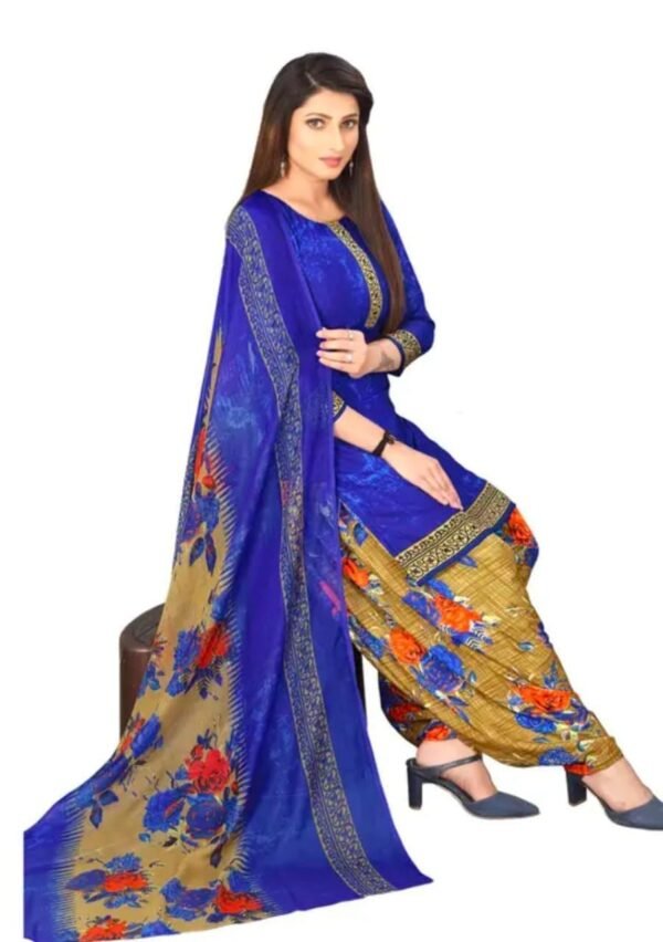 Blue and Beige Printed Crepe Dress Material