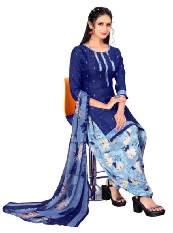 Dark Blue and Light Blue Printed Crepe Dress Material - Image 3