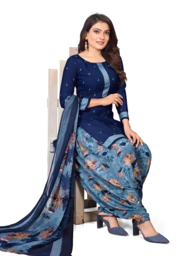 Dark Blue and Light Blue Printed Crepe Dress Material - Image 4