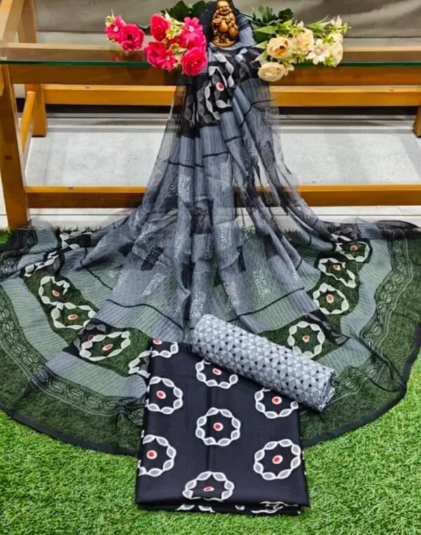 Grey and Black Printed Crepe Dress Material - Image 2
