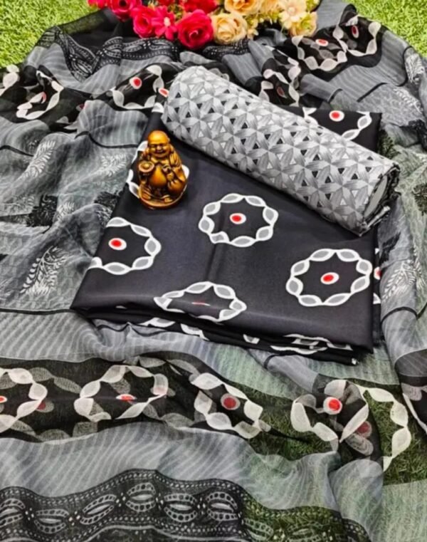 Grey and Black Printed Crepe Dress Material - Image 3