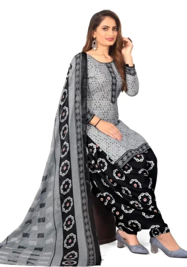 Grey and Black Printed Crepe Dress Material