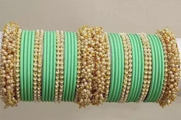 Main image showcasing the Green Gold-Plated Bangles Set, featuring intricate designs and a luxurious finish, perfect for parties and ethnic wear.