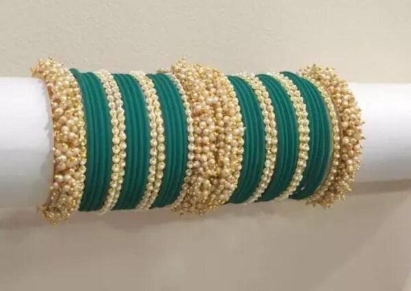 Main image showcasing the Dark Green Gold-Plated Bangles Set, featuring intricate designs and a luxurious finish, perfect for ethnic wear and parties.
