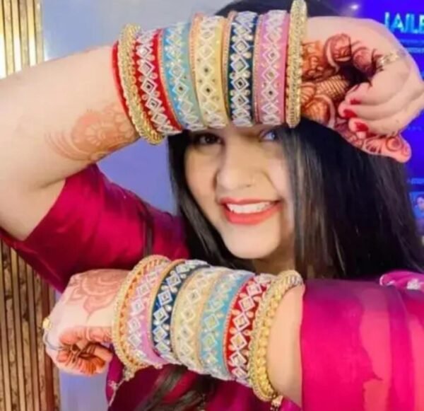 Main image showcasing the Rajasthani Multicolored Chuda with intricate kundan stone work and vibrant hues, perfect for weddings and festive occasions.