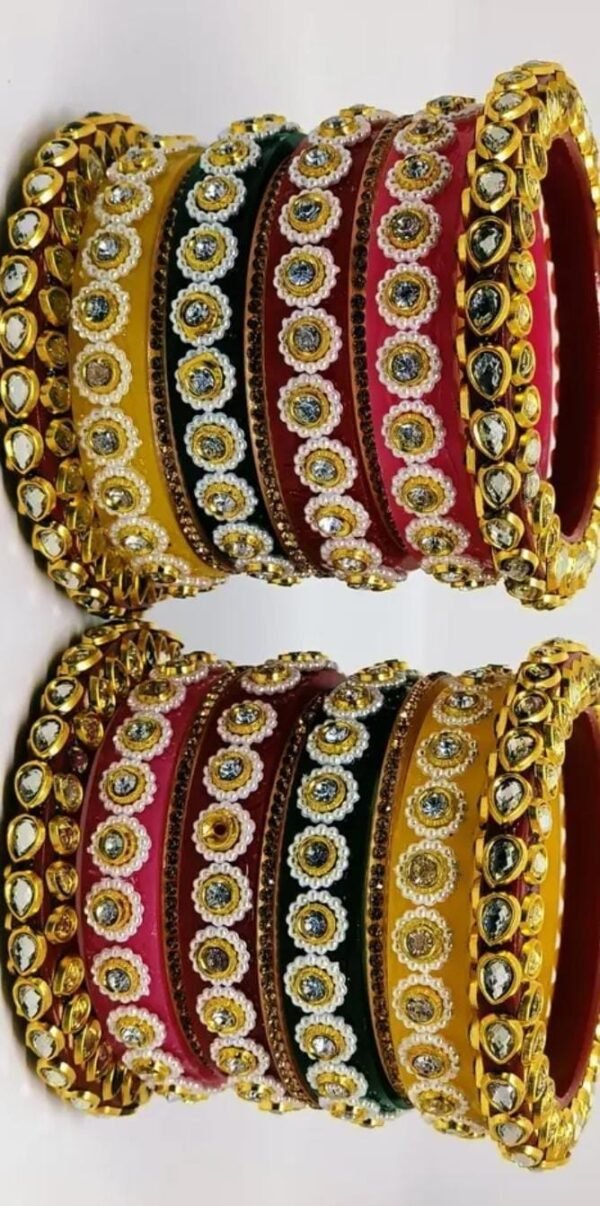 Multicolored Rajasthani Chuda split into two sets for each hand, showcasing intricate kundan stone work and vibrant hues.