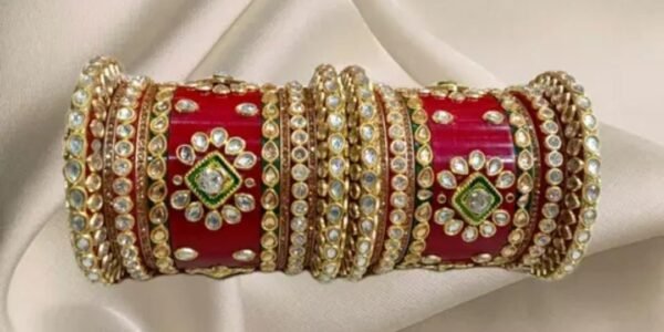 Alternate main image showcasing the Red Rajwadi Chuda, emphasizing its intricate kundan designs and vibrant red shades.
