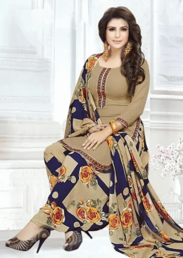 Beige and Dark Blue Crepe Printed Dress Material for Salwar Kameez
