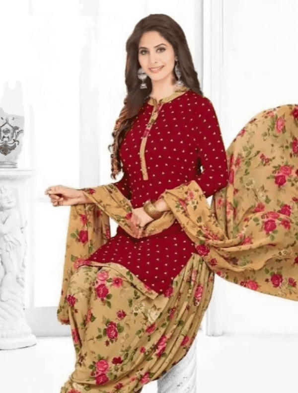Maroon and Beige Crepe Printed Dress Material for Salwar Kameez