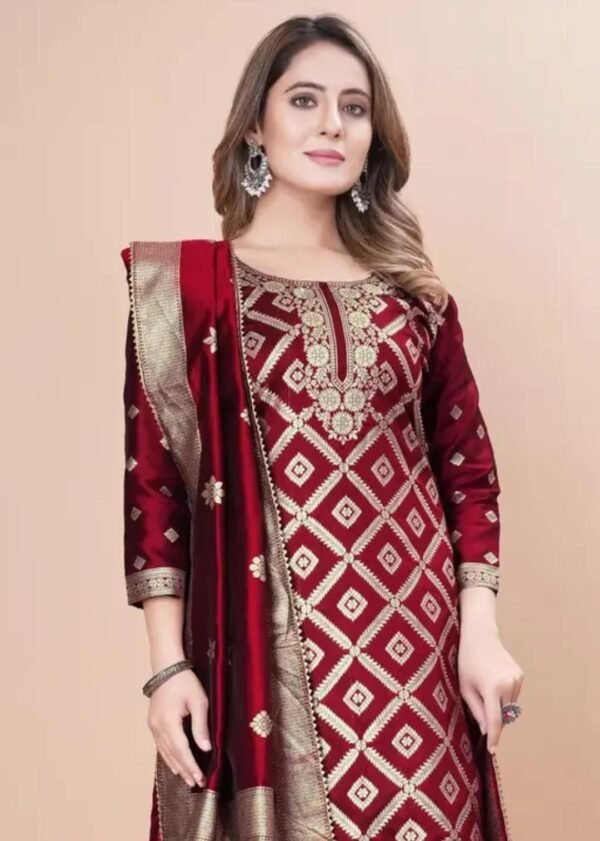Maroon Jacquard Silk Suit Dress Material for Women - Image 3