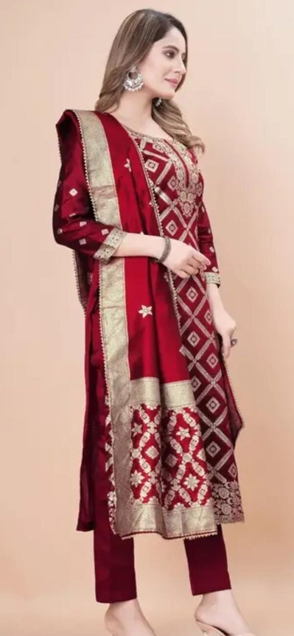 Maroon Jacquard Silk Suit Dress Material for Women - Image 2
